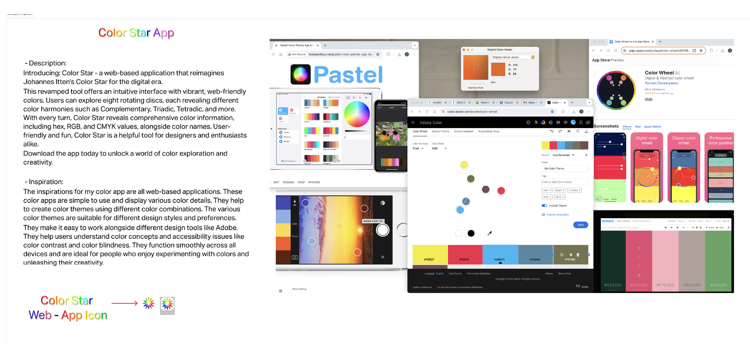 Figma moodboard and app description page showing the visual direction and concept for the Color Star project