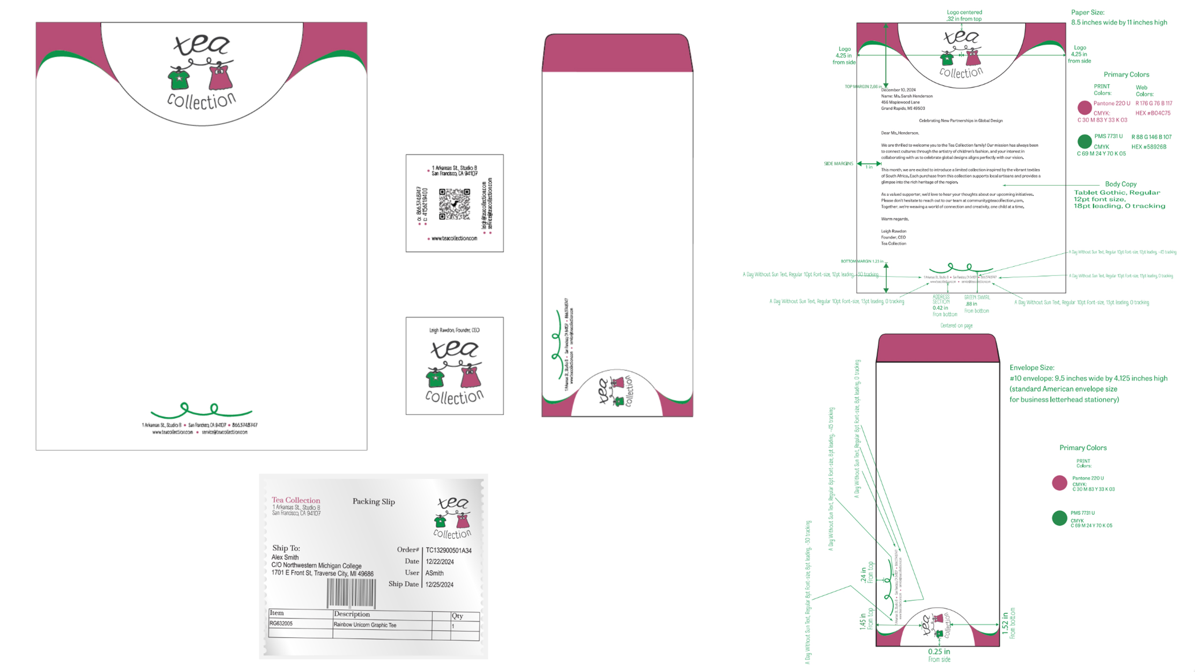 Tea Collection stationery suite with letterhead, envelope, packing slip, and production specifications