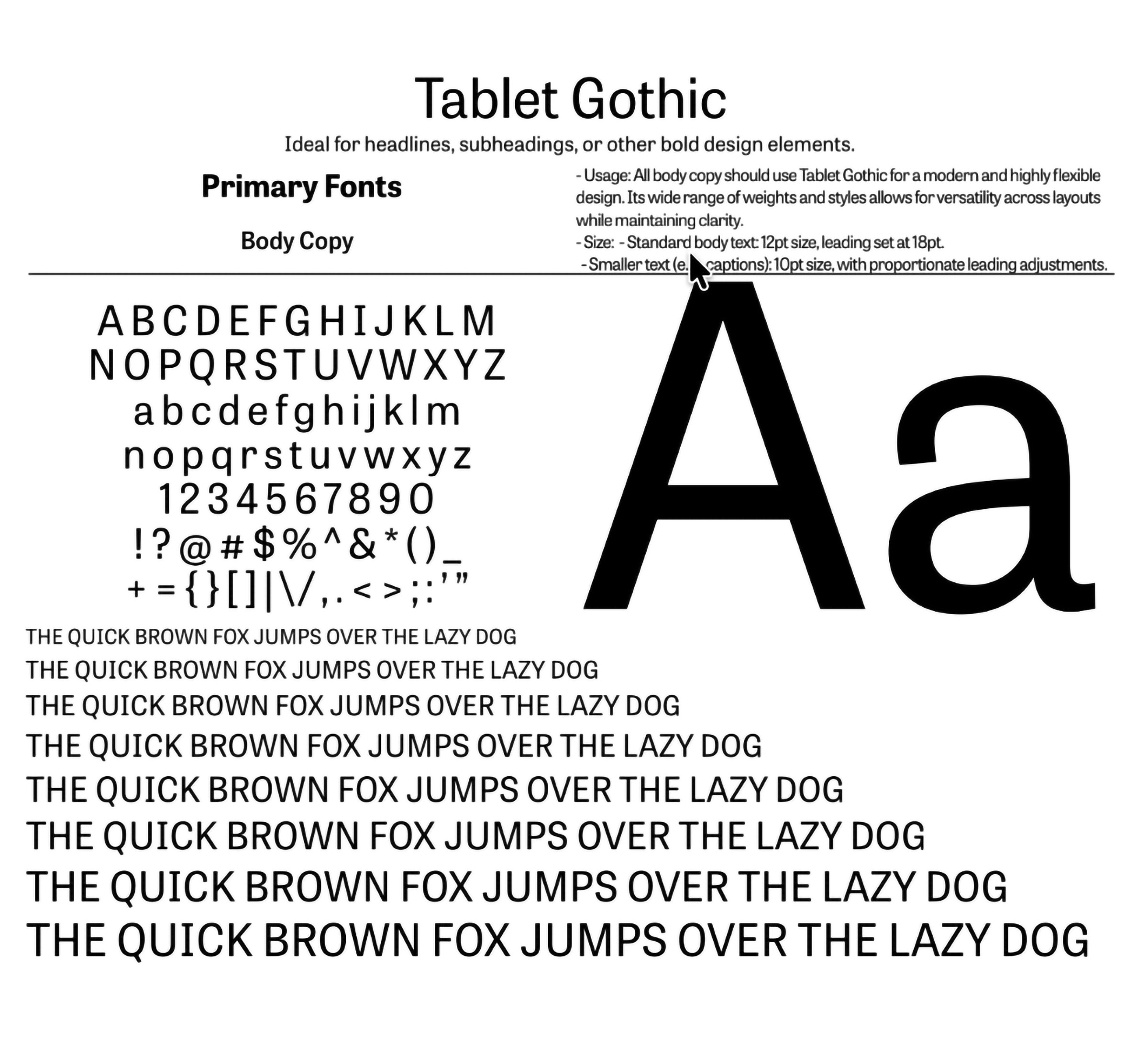 Tablet Gothic type specimen for body copy in the Tea Collection identity system