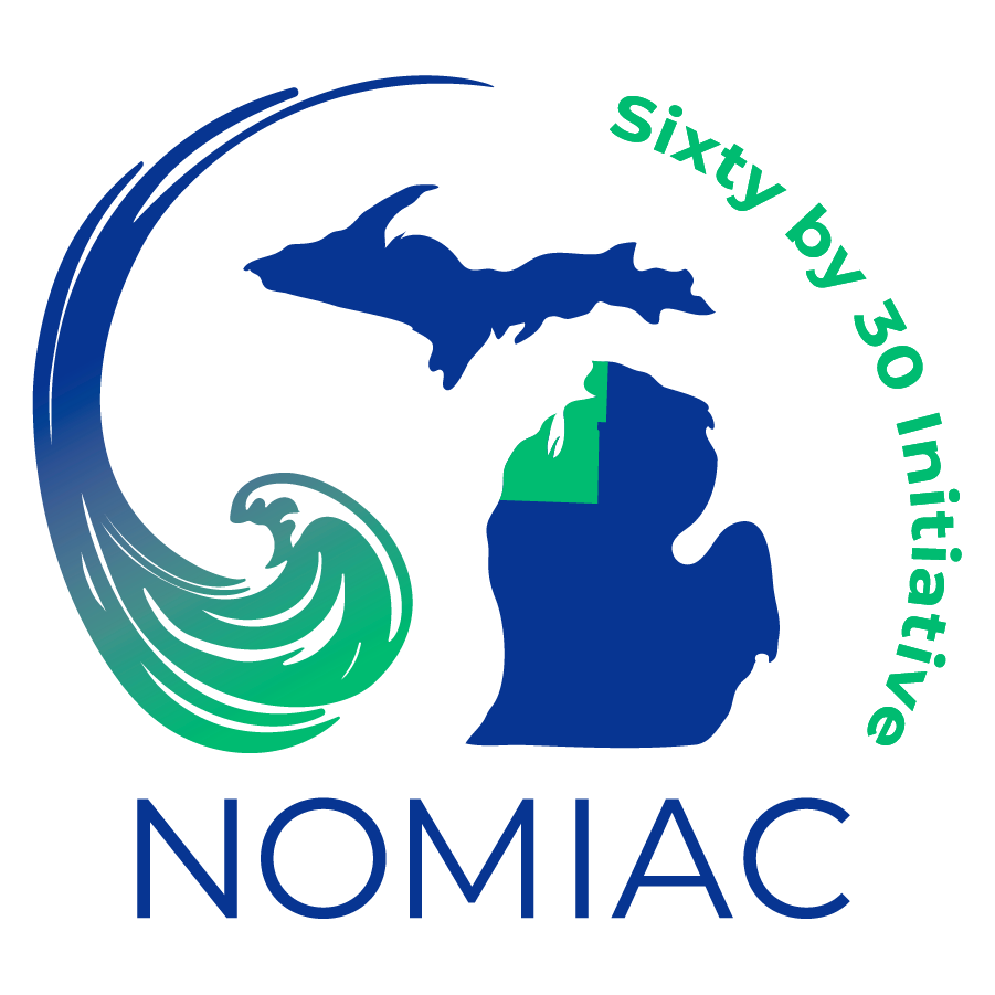 Final NOMIAC two-color logo featuring the wave, mitten region marker, and integrated Sixty by 30 text