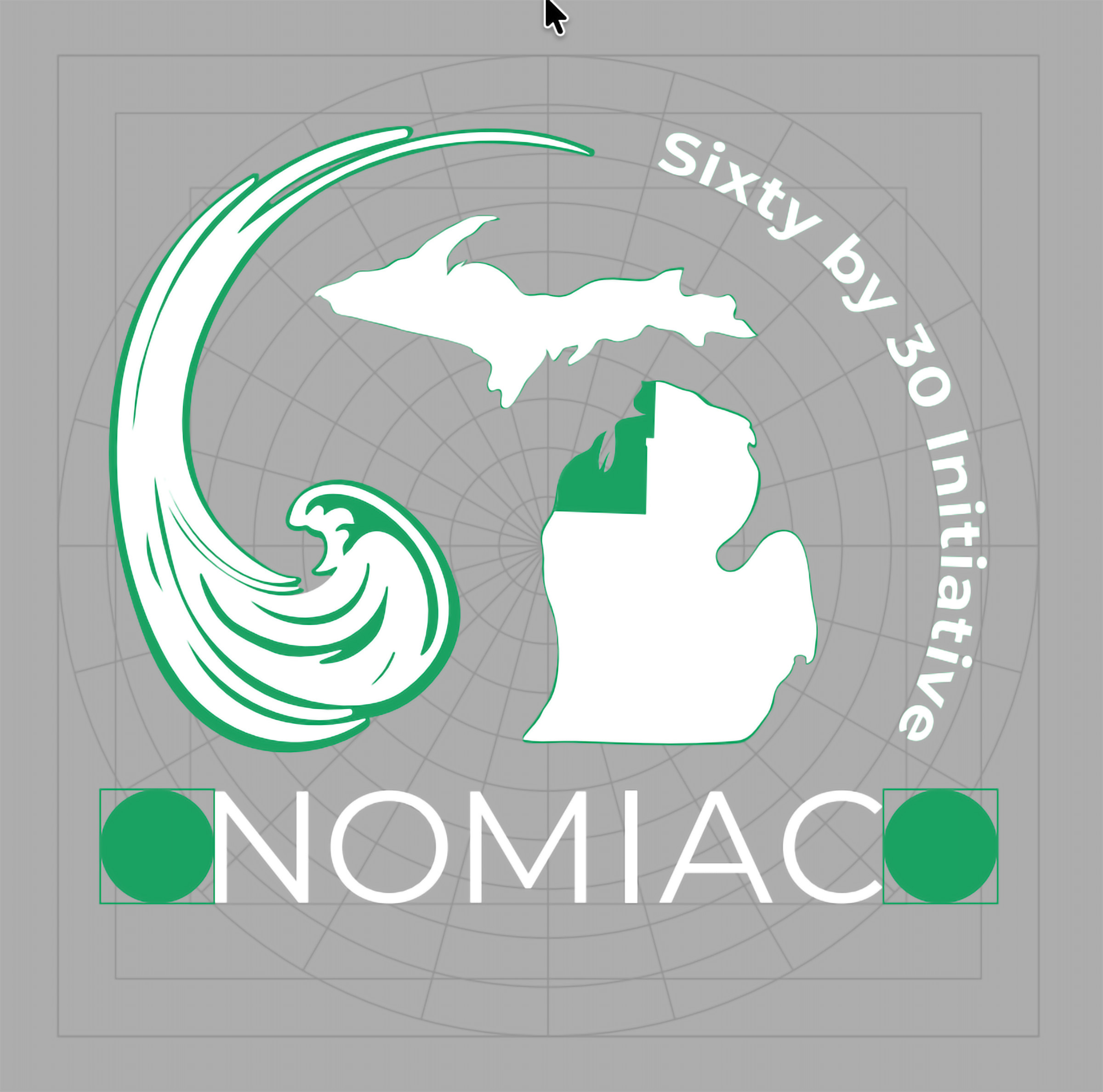 NOMIAC apparel logo laid out on a measurement grid for production sizing