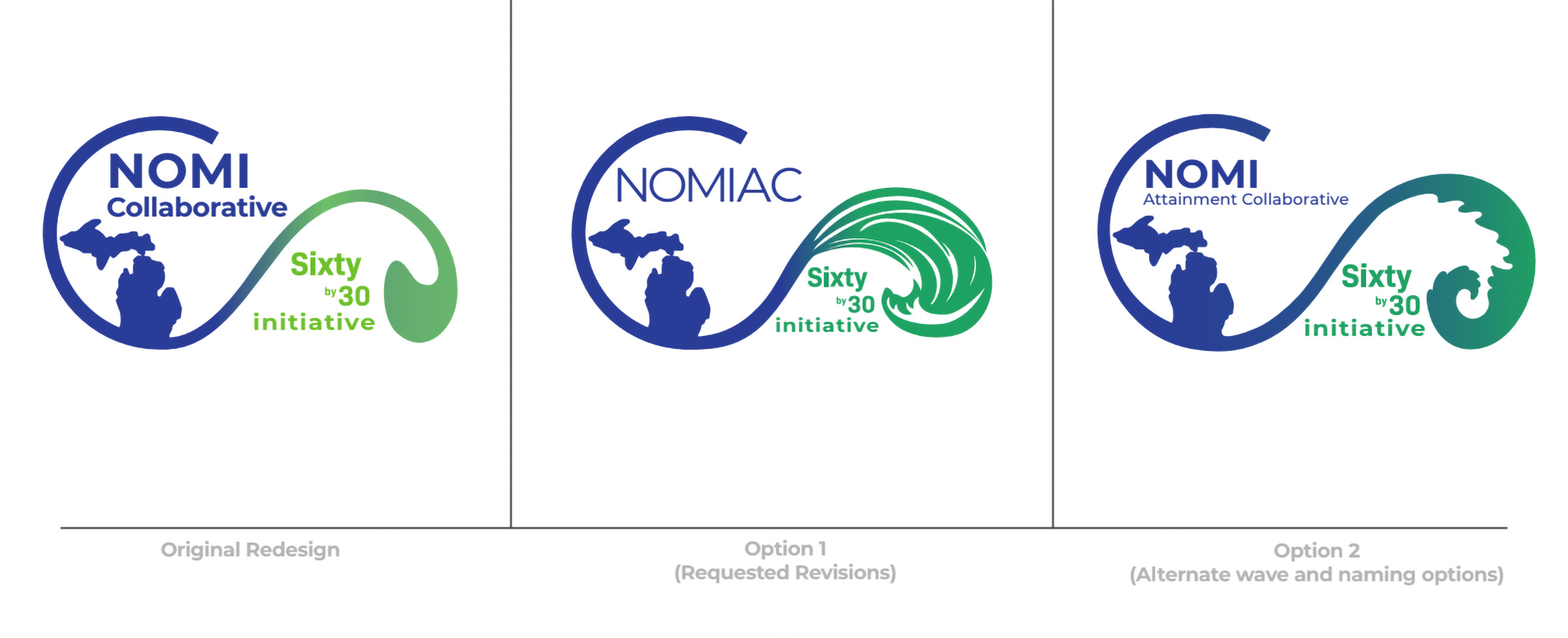 First round NOMIAC logo concepts exploring different arrangements of the wave, mitten, regional marker, and typography