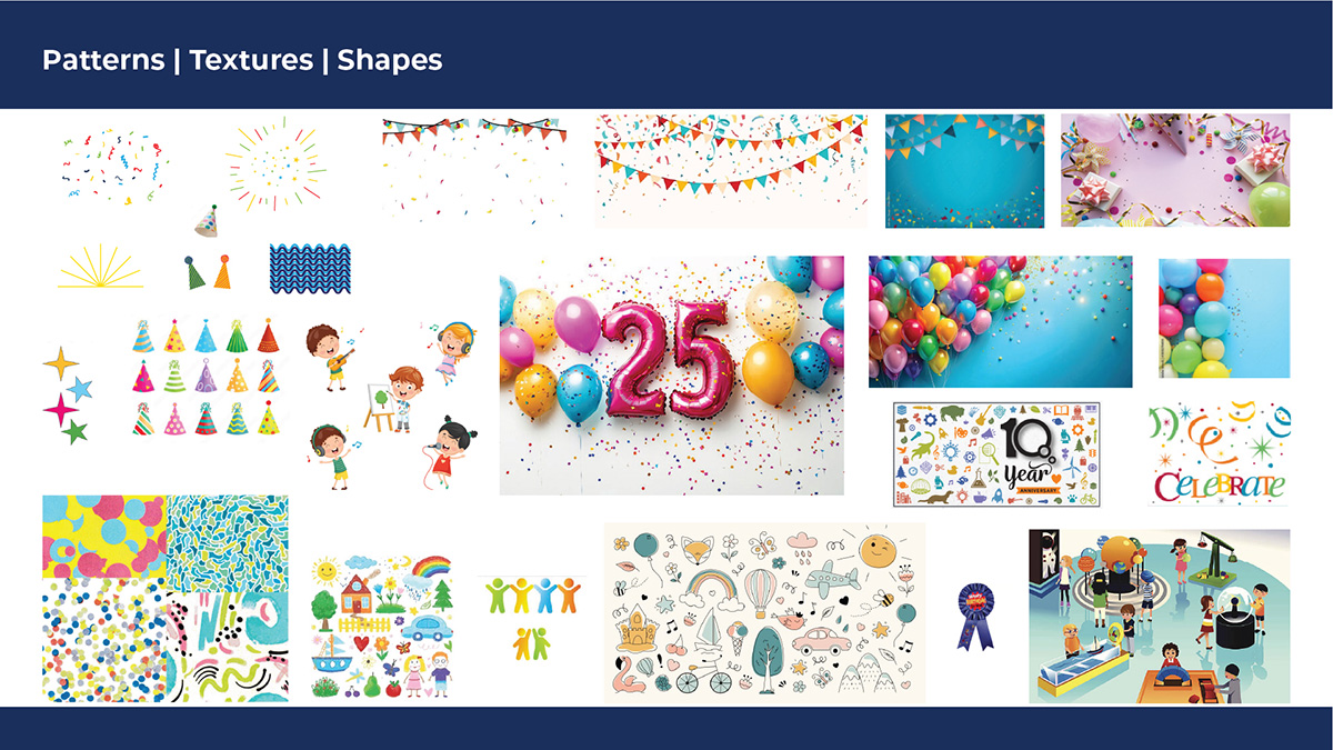 Pattern references gathered for the Great Lakes Children’s Museum campaign identity