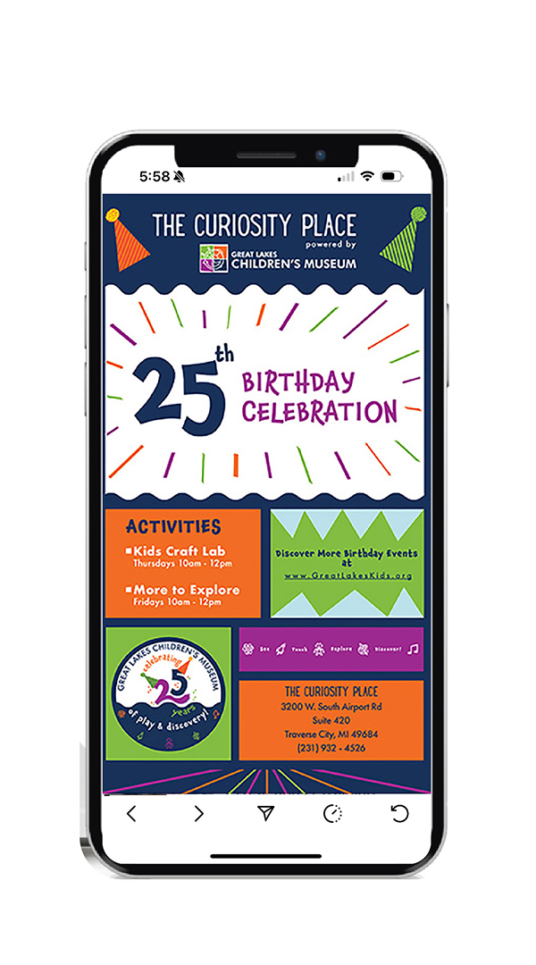 Great Lakes Children’s Museum social graphics shown on a phone mockup