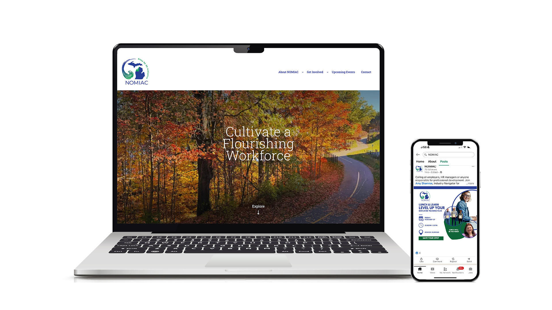 NOMIAC logo system shown on laptop and phone mockups