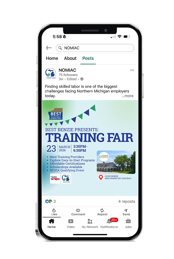 NOMIAC identity shown in a live LinkedIn announcement on a phone mockup, example one