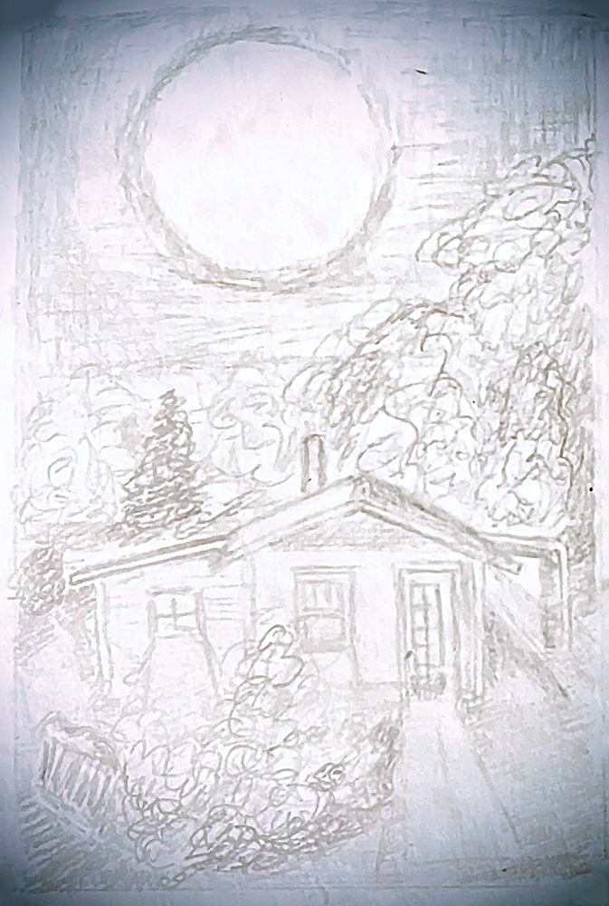 Initial sketch exploring the composition of the small house and moon.