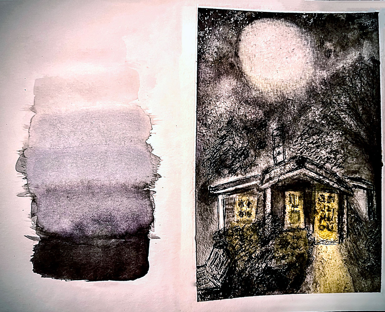 Ink wash thumbnail study testing grayscale values and atmosphere for the final illustration.