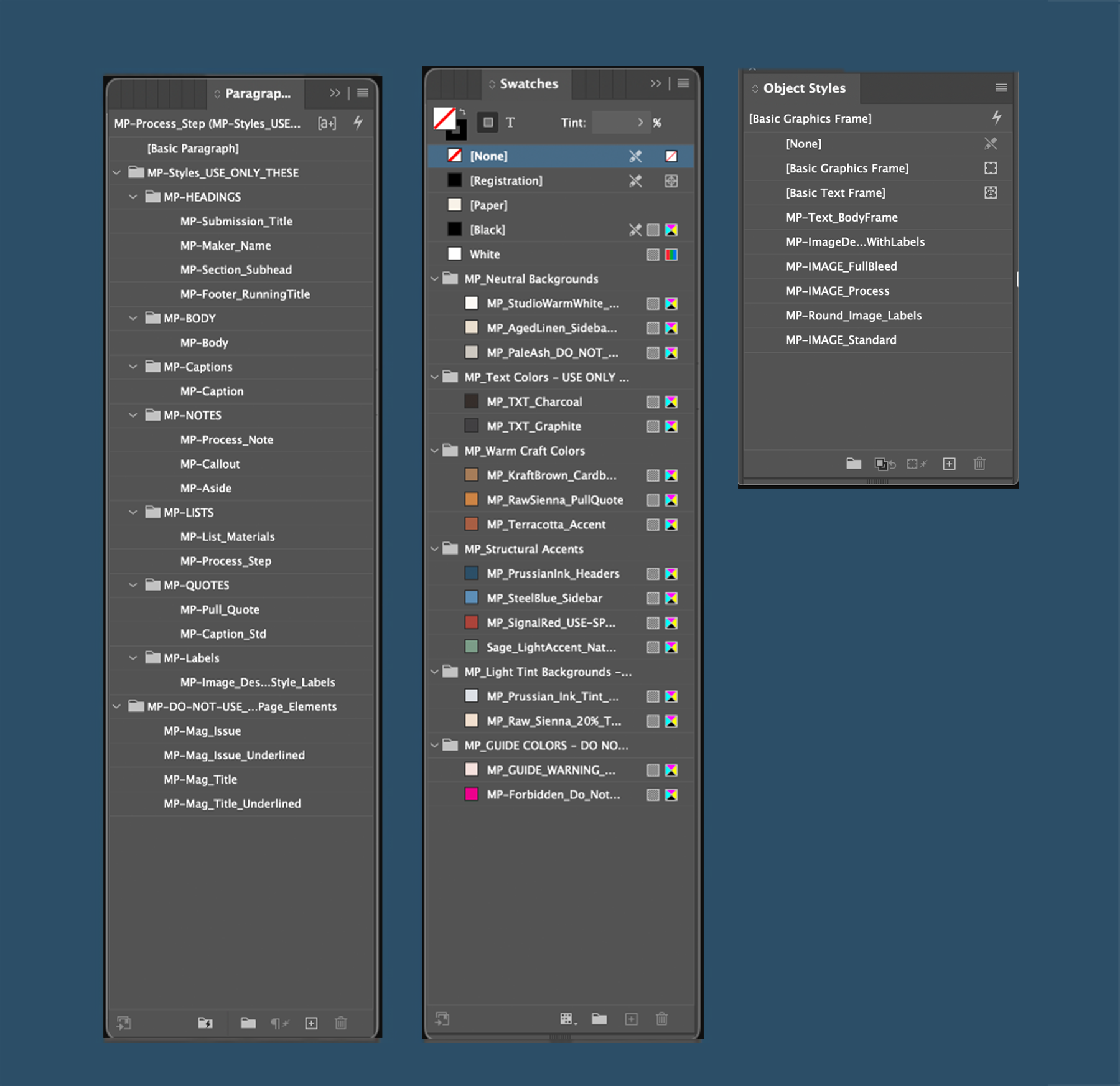 InDesign panels showing paragraph styles, color swatches, and structured design system setup