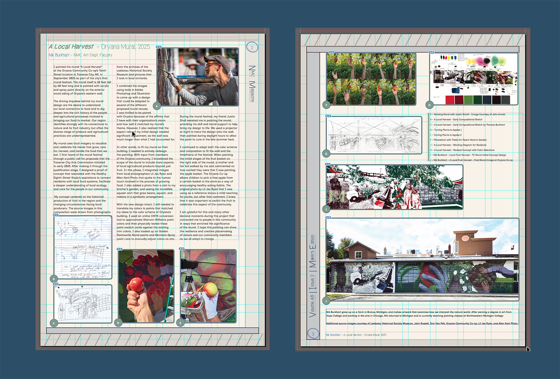 Magazine layout example shown in template view with visible grid, wire-binding guides, and structured layout system