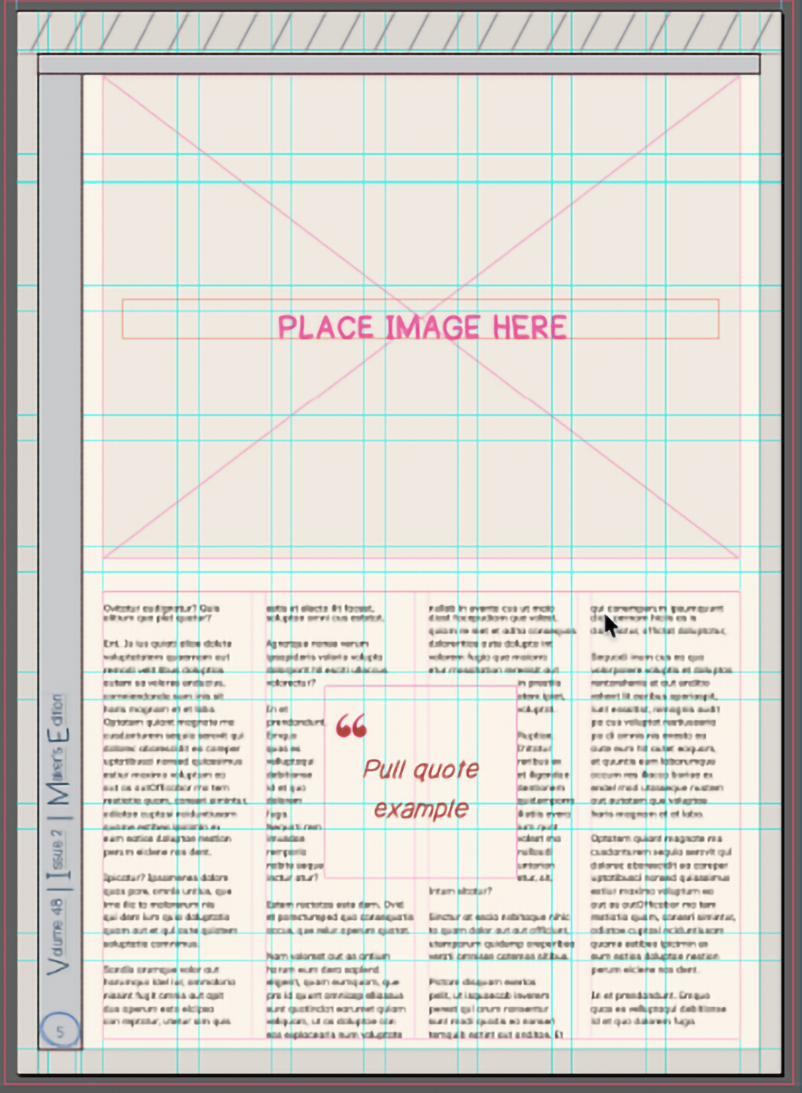 InDesign magazine template page showing structured layout grid, typography system, and wire-binding guides