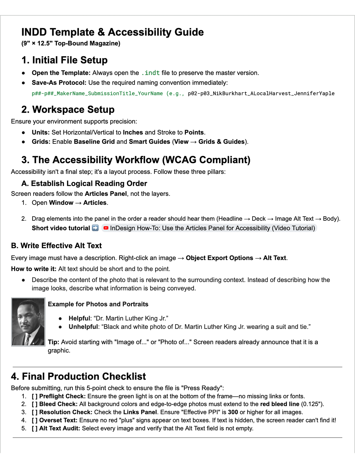 Accessibility guide outlining hierarchy, alt text usage, and layout structure for designers