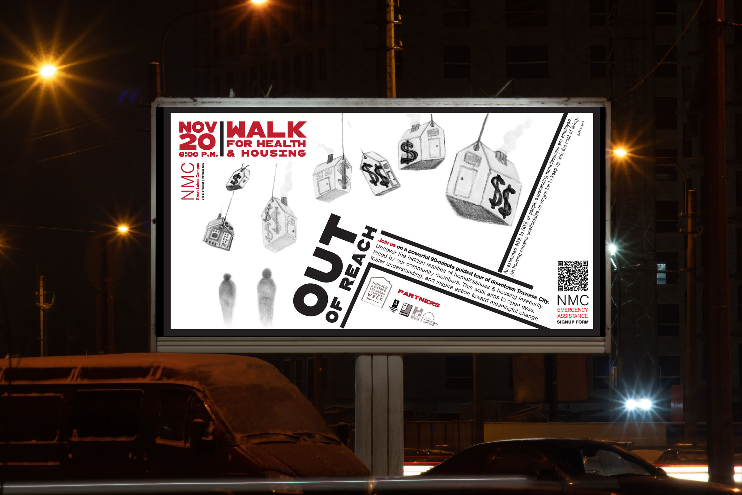 Out of Reach campaign displayed on a street-side digital billboard at night