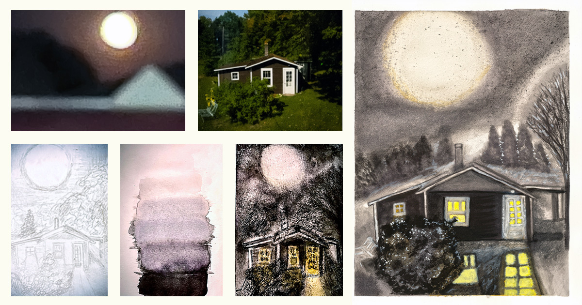 After Dark ink wash process image showing the composition developing through sketch and ink wash stages.