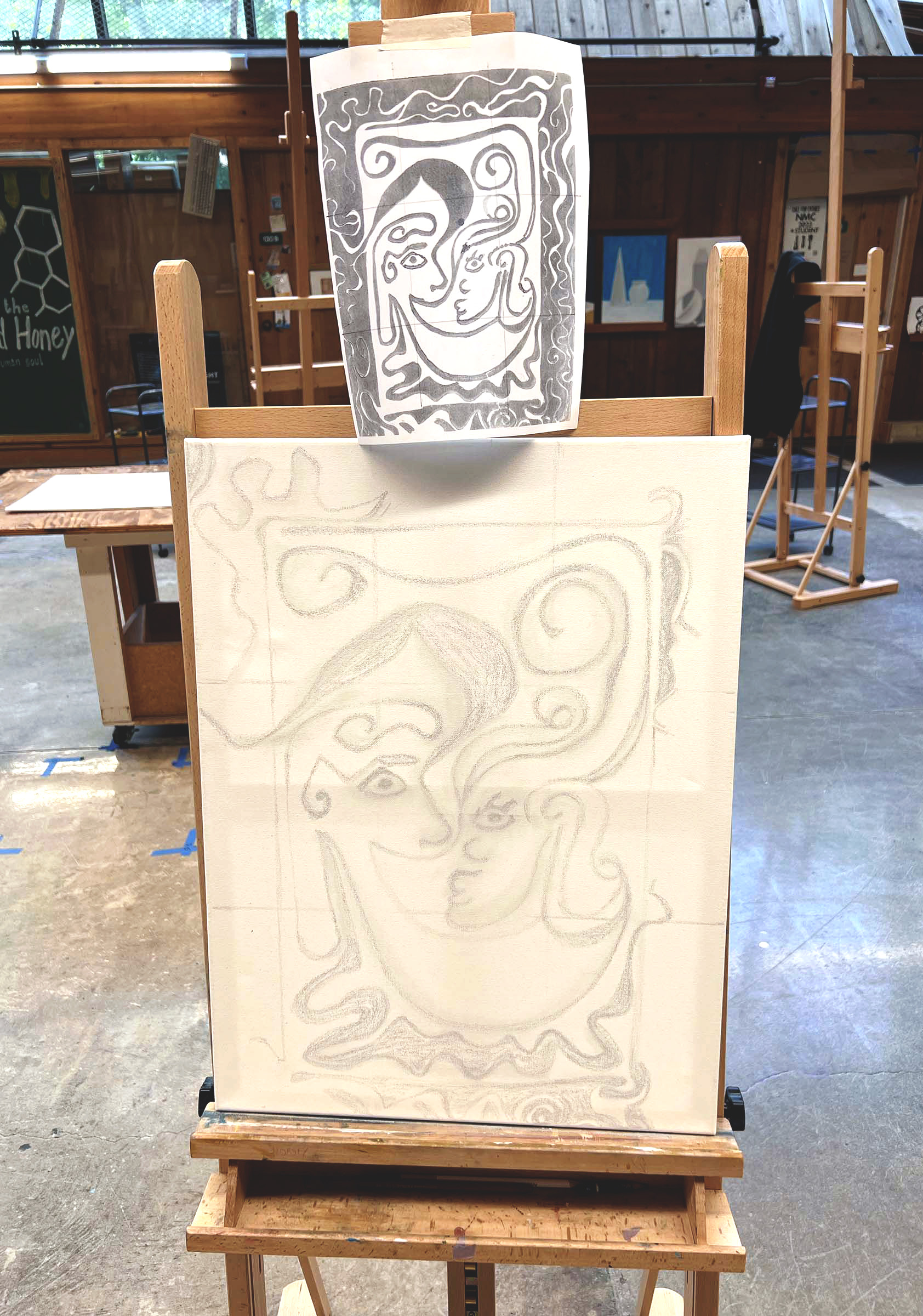 Canvas with reference print at the beginning of the Blowing Smoke oil painting process.