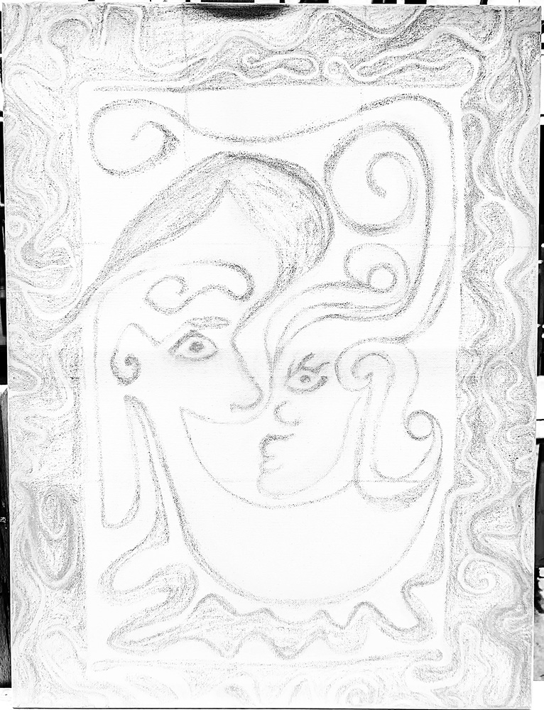 Chalk outline on canvas before painting Blowing Smoke.