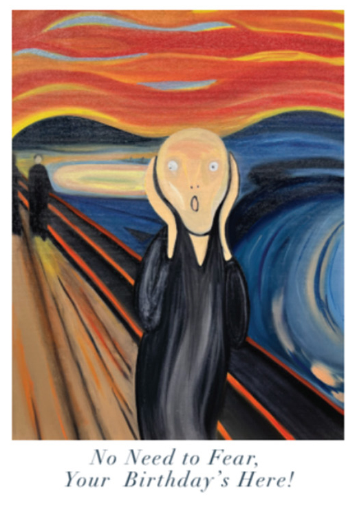 Front of birthday greeting card using The Scream painting with birthday copy.