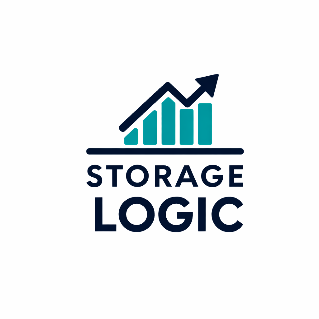 Storage Logic logo with teal ascending bar chart and navy blue arrow above the company name in bold letters.