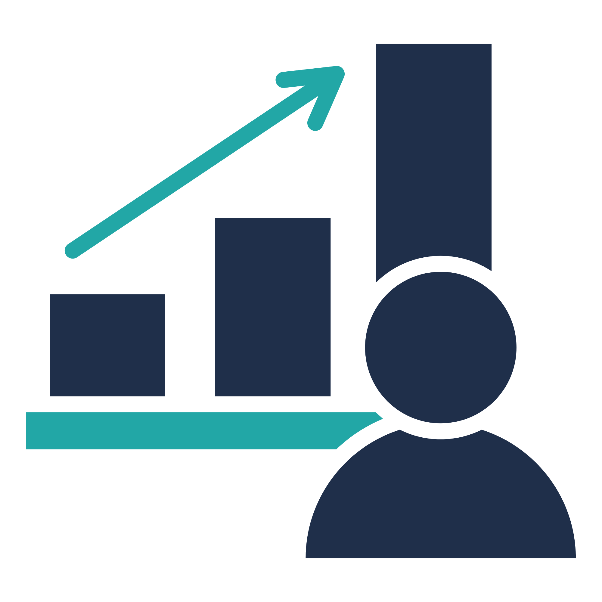Demand icon of a person silhouette beside a rising bar chart with an upward arrow, symbolizing growth or progress.