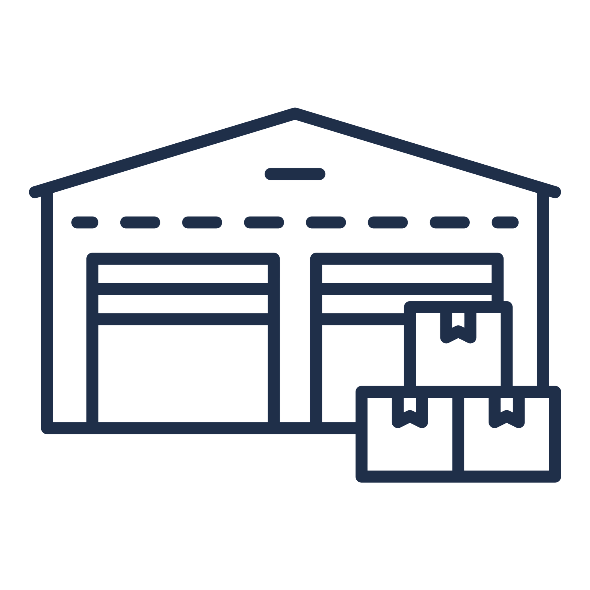 Supply icon of a warehouse with three stacked boxes in front.