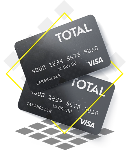 Two overlapping Total Select Visa credit cards, one gold and one silver, shown at an angle.