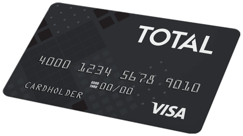 Two overlapping Total Select Visa credit cards, one gold and one silver, shown at an angle.