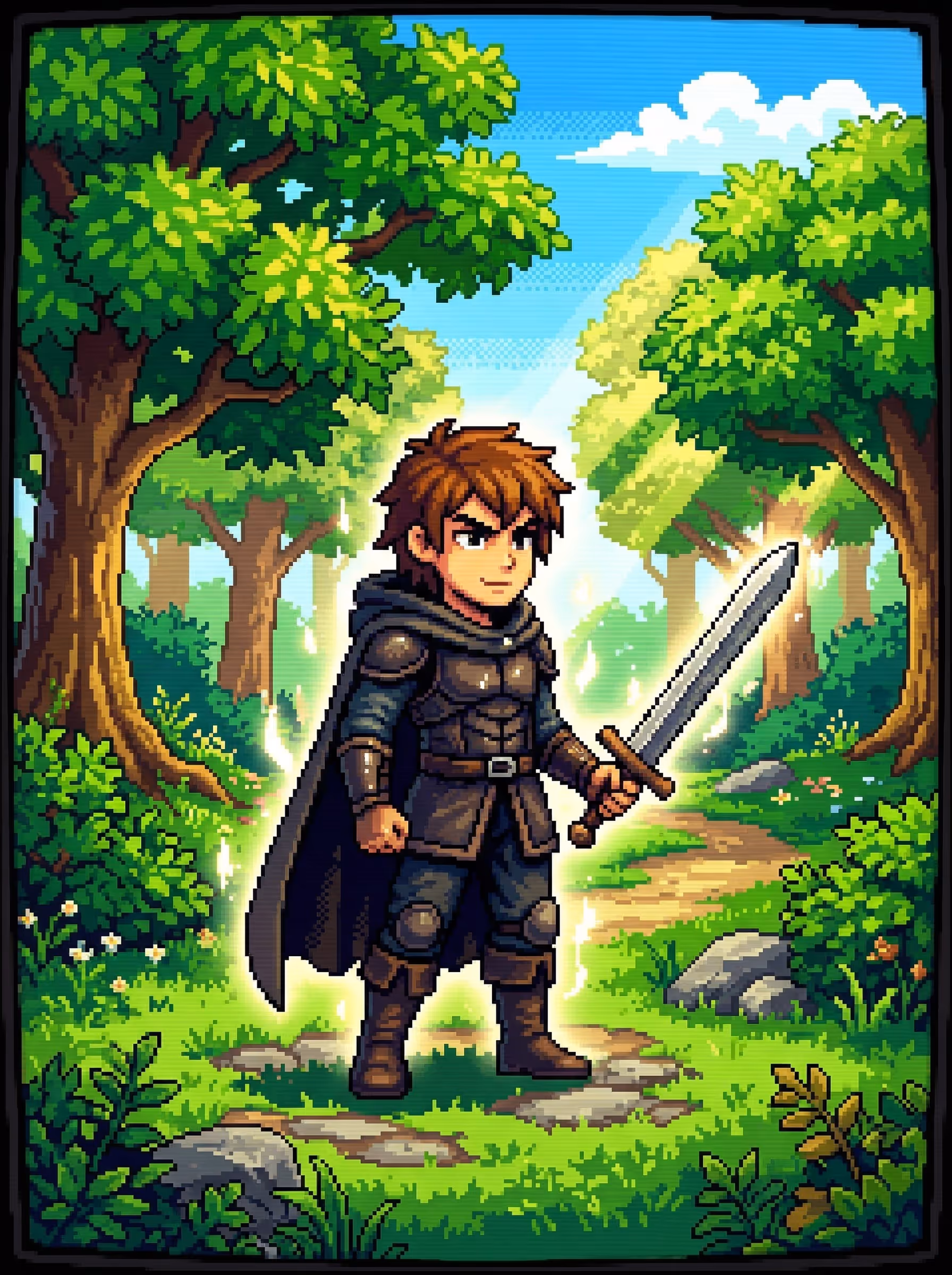 Pixelkunst eines jungen Kriegers mit braunen Haaren in Rüstung und Umhang, der ein leuchtendes Schwert in einem sonnigen Wald hält.