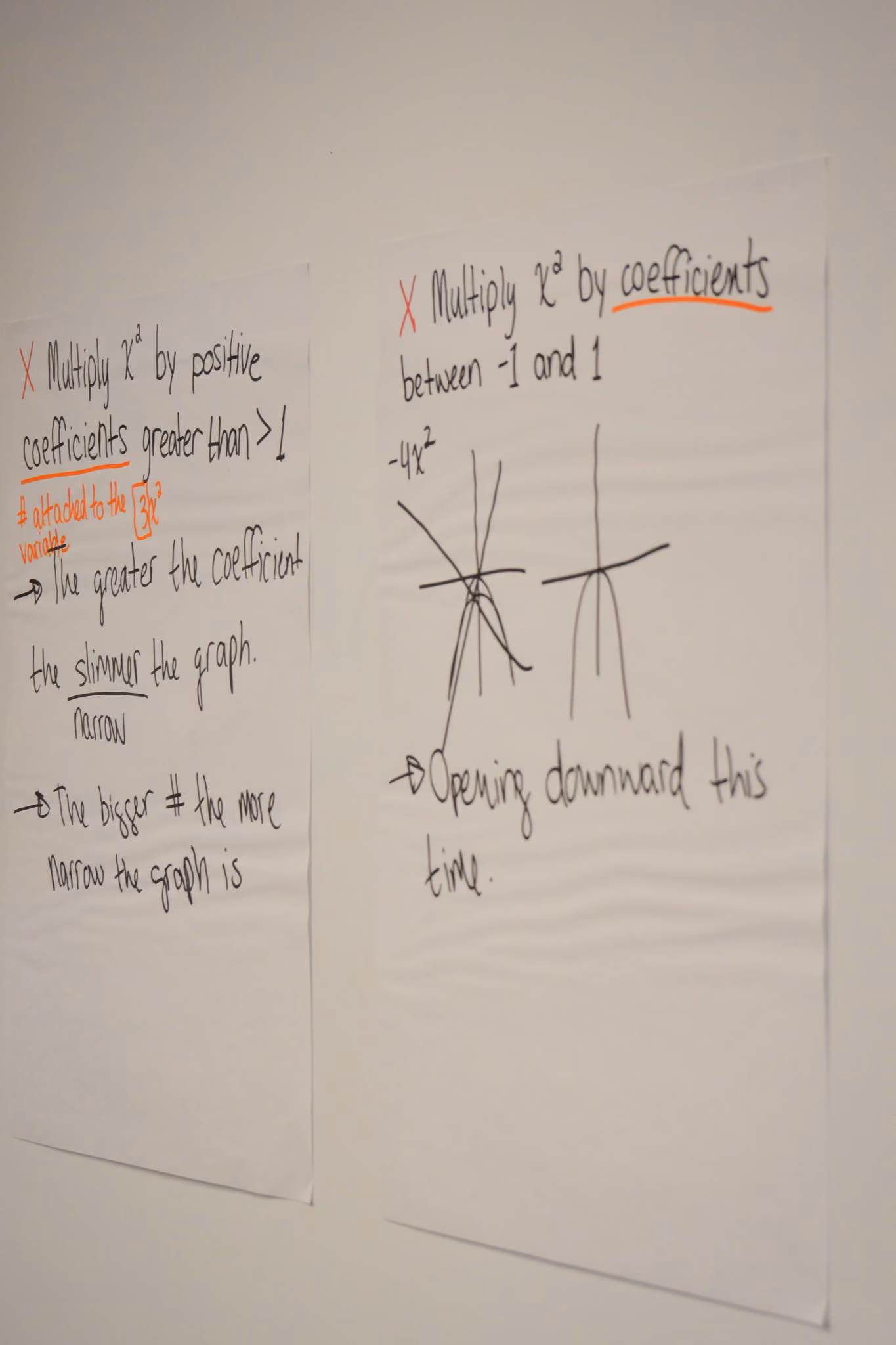 Student math notes on coefficients and cubic graph behavior posted on wall