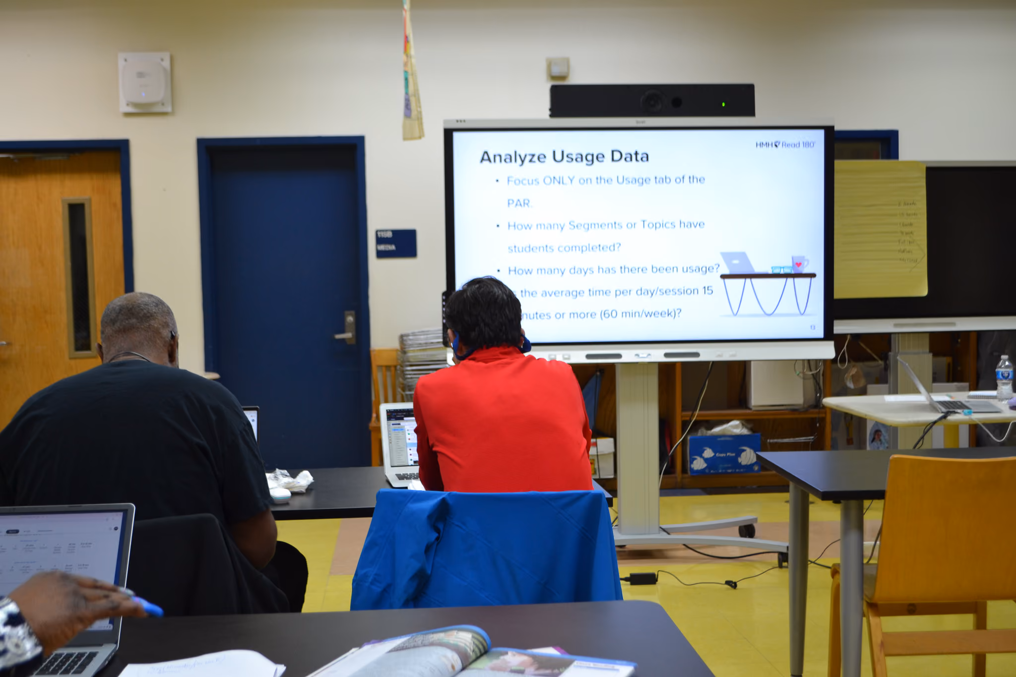 Teachers attending a professional development session on analyzing usage data