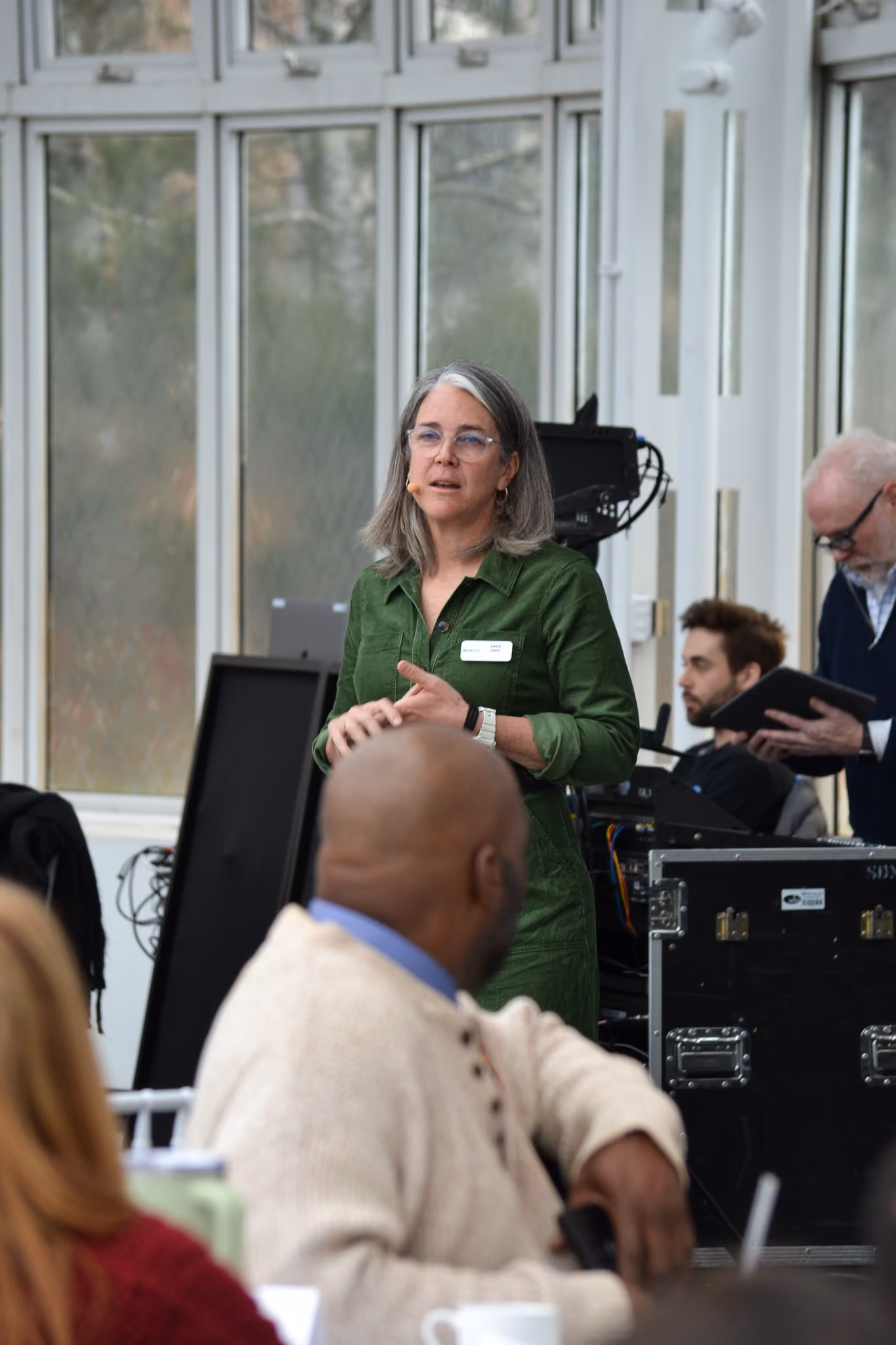 Woman in green dress presenting at an indoor school event