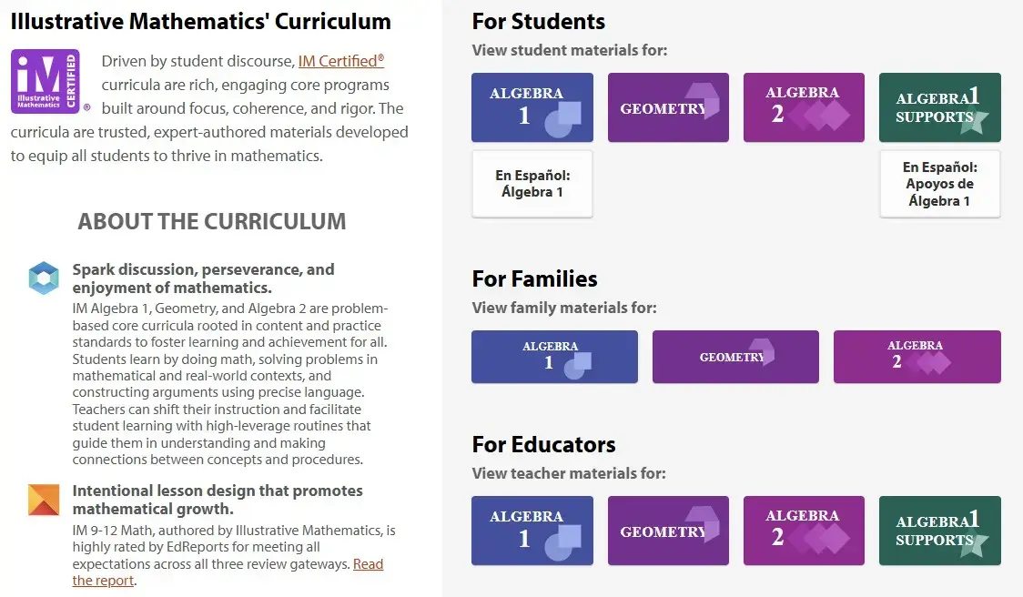 Illustrative Mathematics curriculum overview with student family and educator resource links