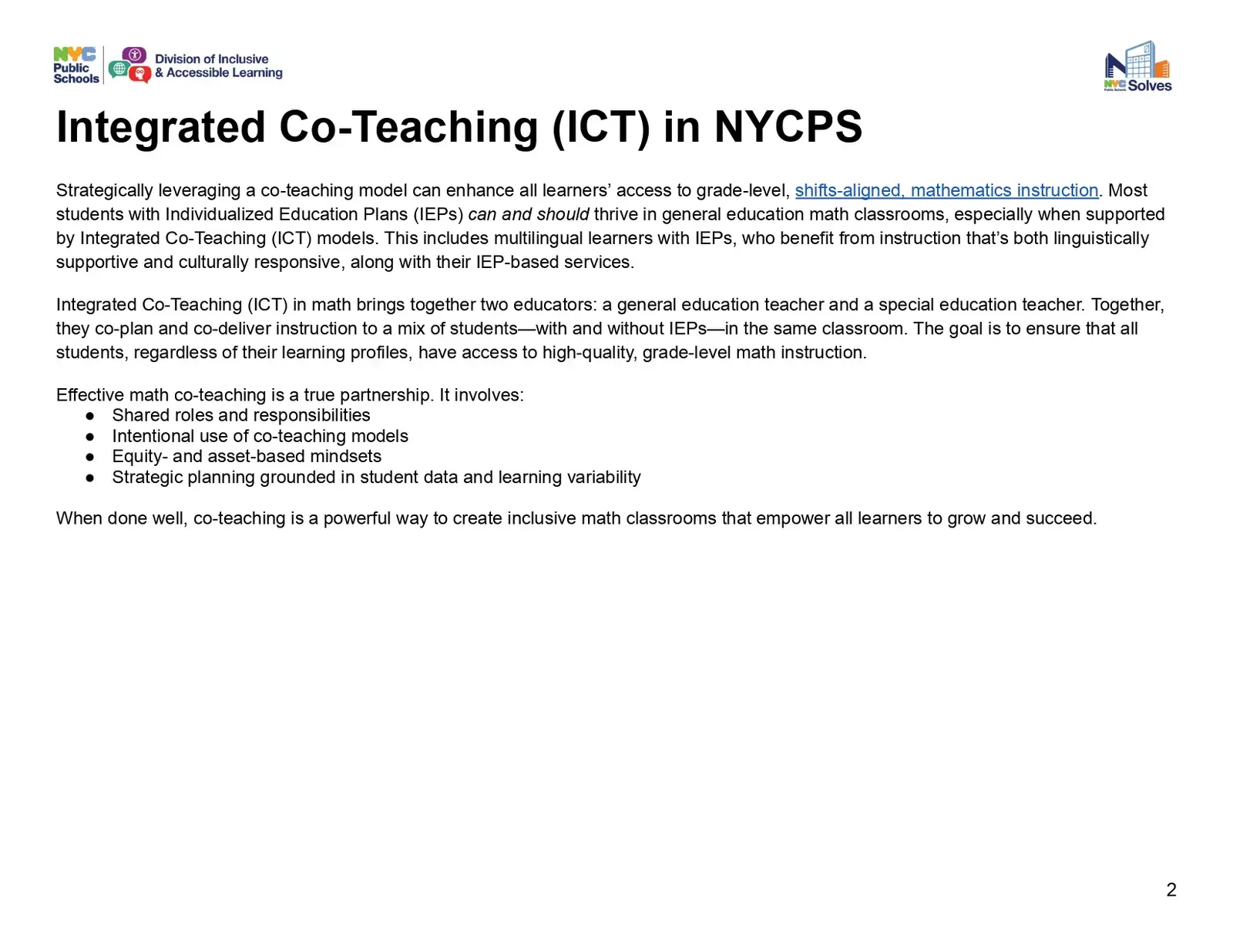 Slide explaining Integrated Co-Teaching ICT model in NYCPS math classrooms