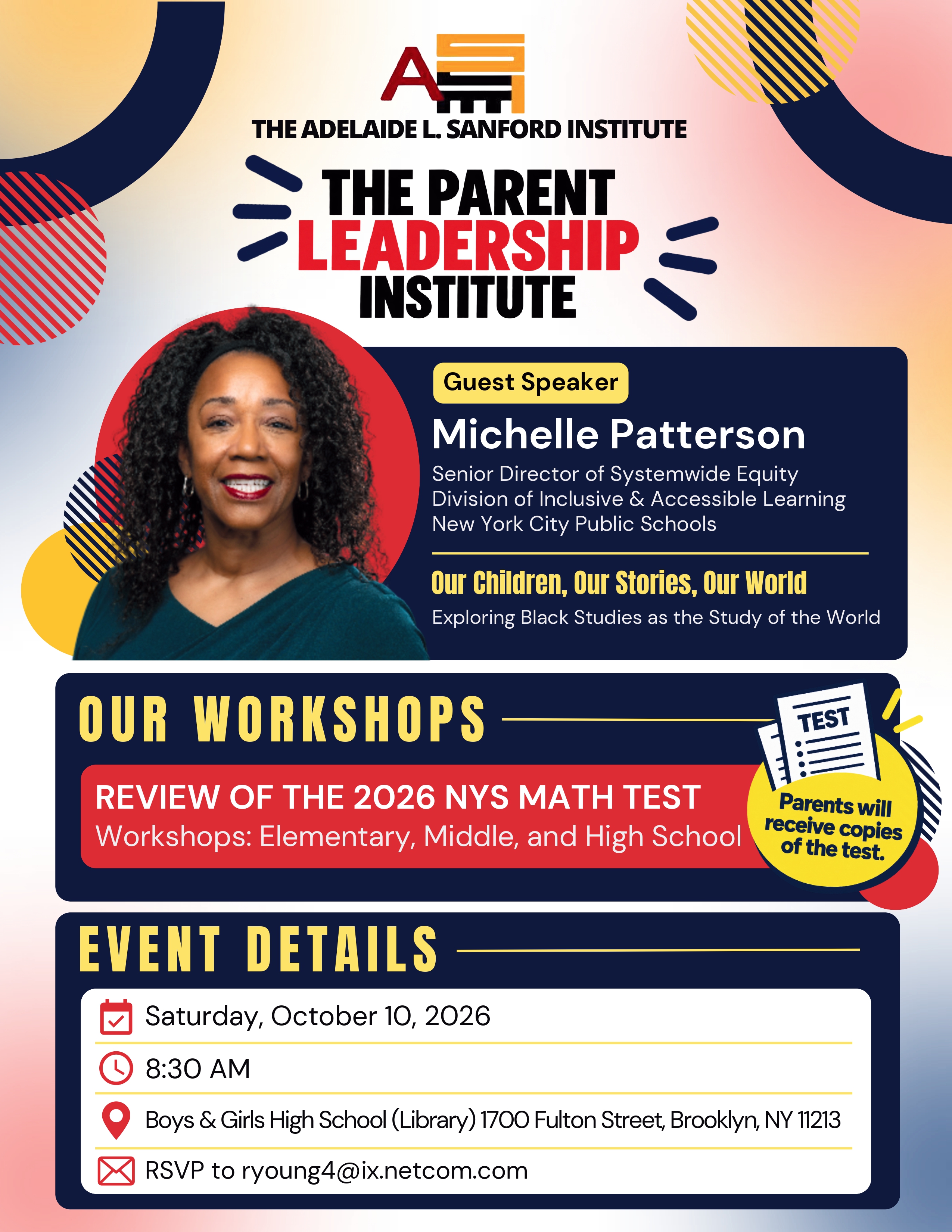 Adelaide L. Sanford Institute Parent Leadership Institute flyer: guest speaker Michelle Patterson, Review of the 2026 NYS Math Test workshops, Saturday October 10 2026 at 8:30 AM, Boys & Girls High School Library, 1700 Fulton Street Brooklyn. RSVP ryoung4@ix.netcom.com