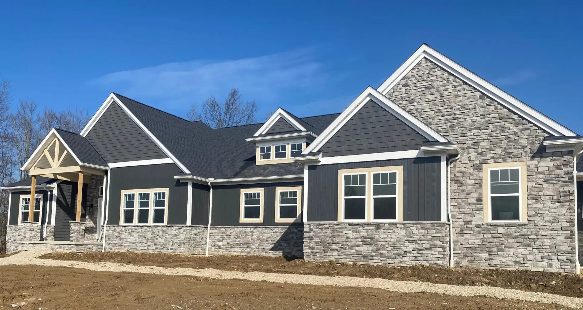 newly built home with stone across siding