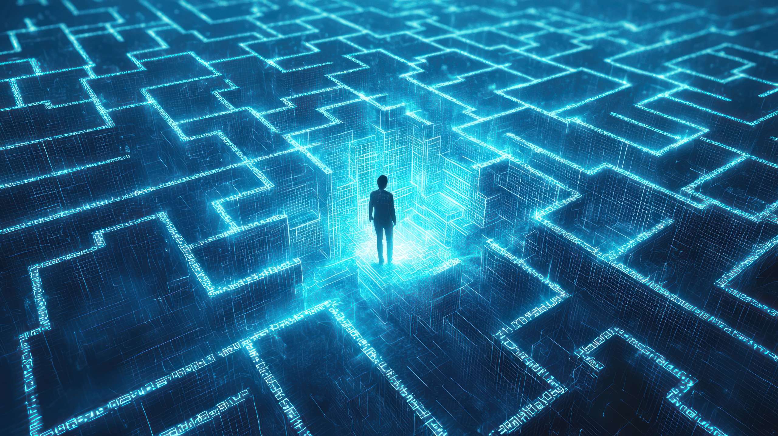 A lone hacker in the middle of a cyber maze
