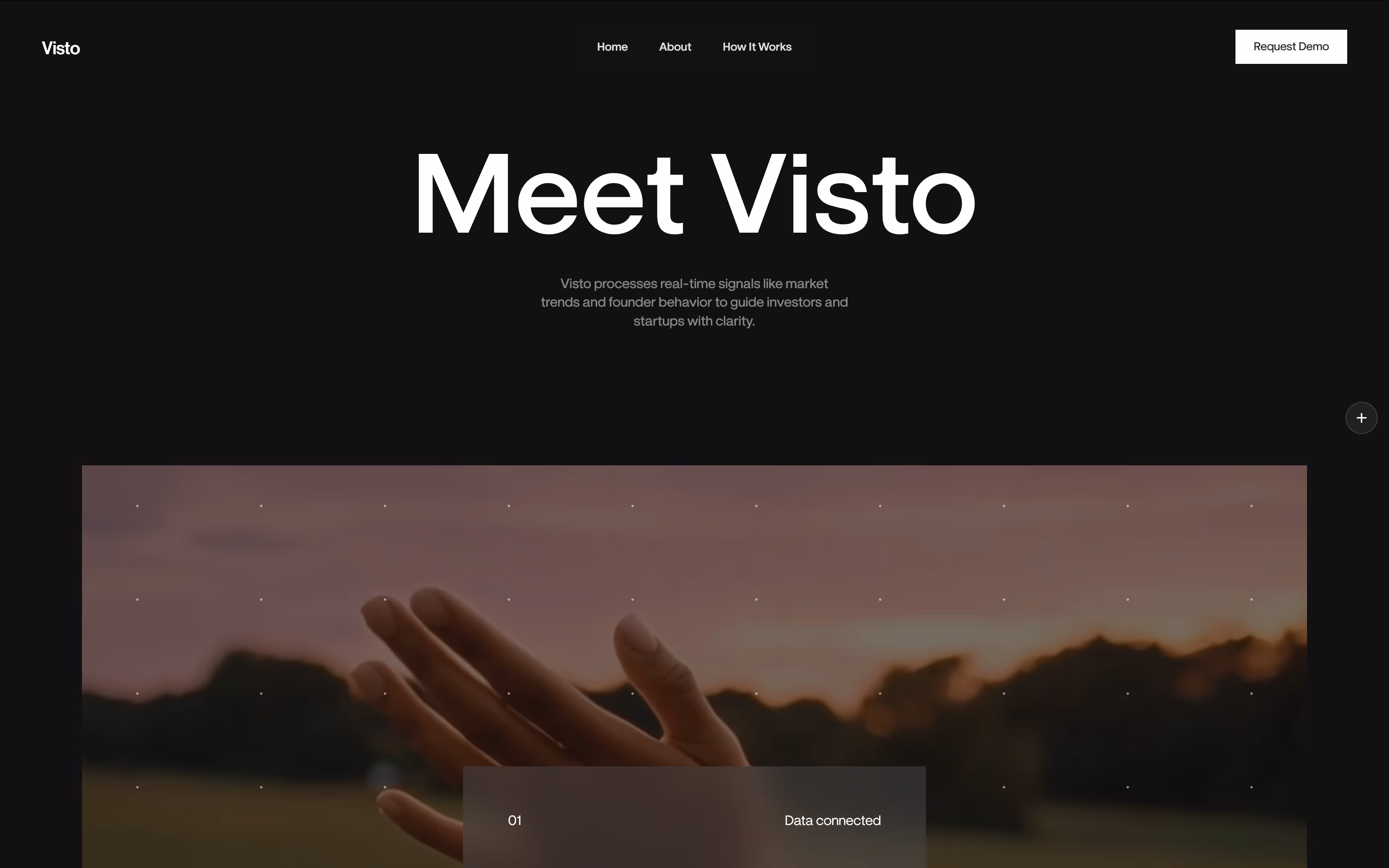 Hand reaching out with a blurred natural landscape and sunset sky in the background, overlaid with the text '01 Data connected'.
