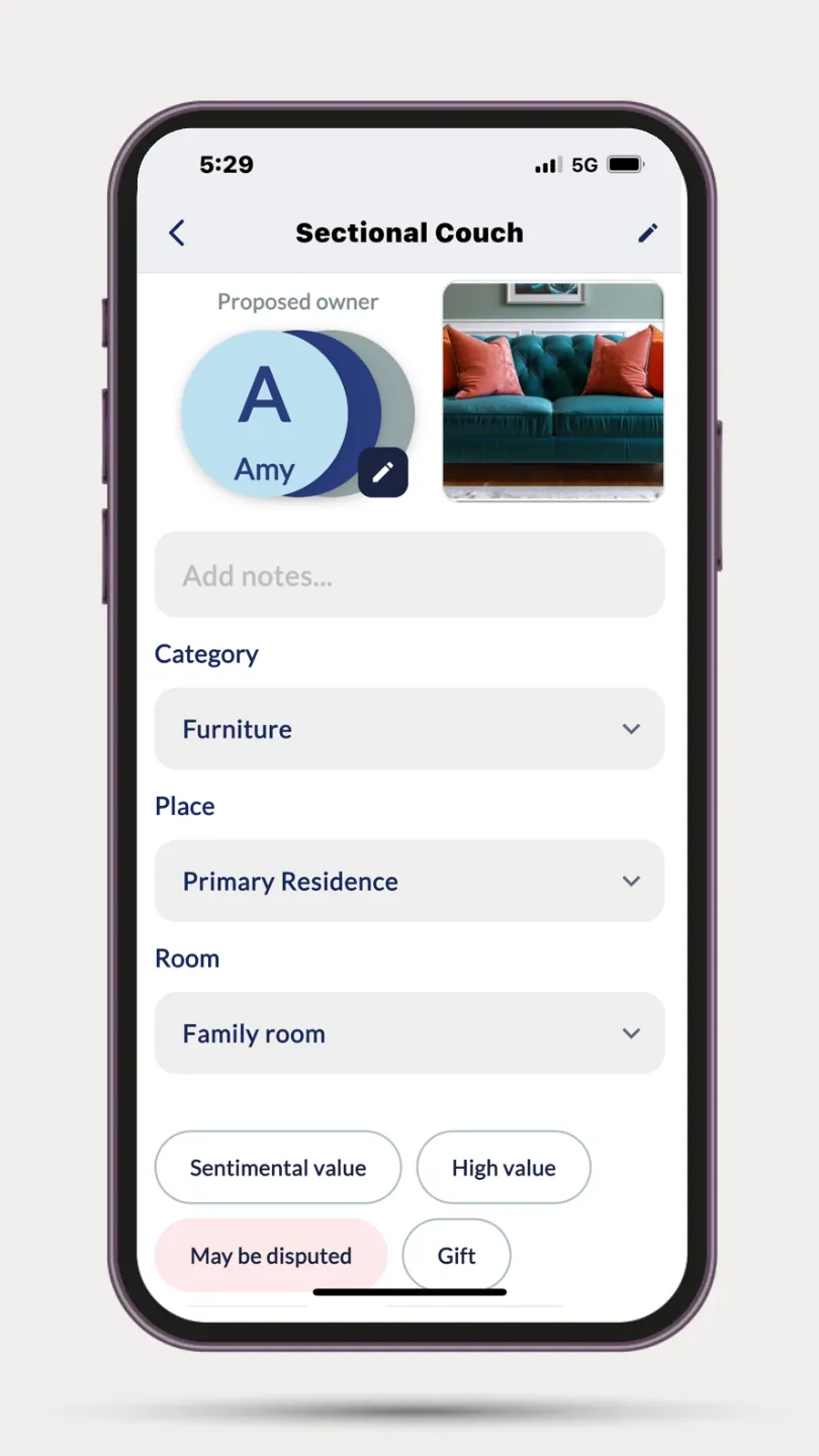 The Divisly app showing a sectional couch with a proposed owner, its room, and tags such as sentimental value and may be disputed