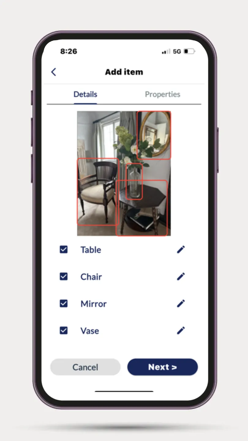 The Divisly app identifying a table, chair, mirror and vase from a single photo