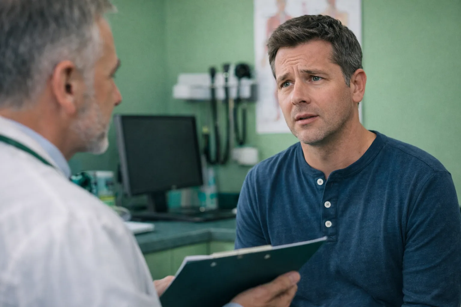 Man in blue shirt expressing concern while talking to a doctor holding a clipboard in a medical office.