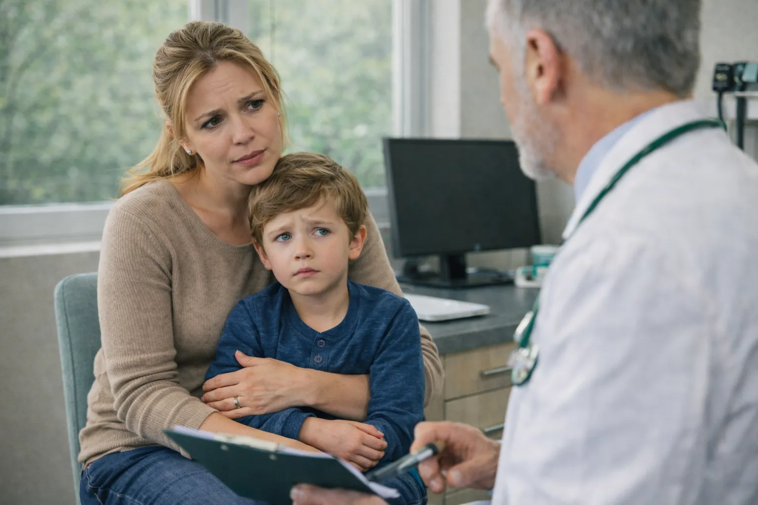 Worried mother holding concerned young boy during consultation with a doctor in a medical office.