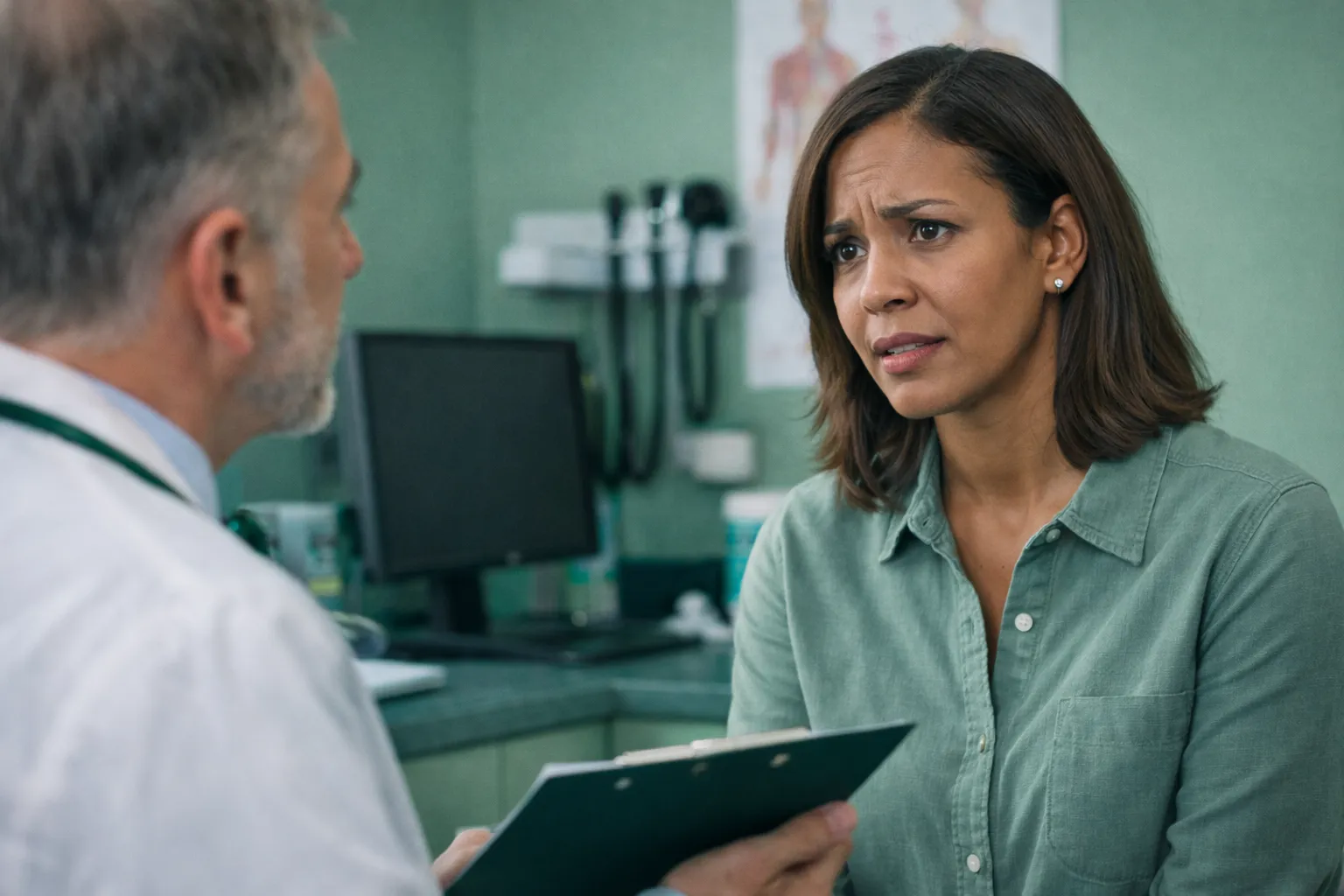 Concerned woman talking to a doctor holding a clipboard in a medical office.
