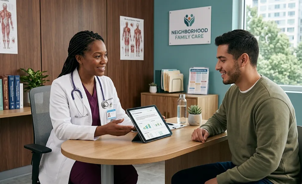 Female doctor with stethoscope showing a tablet with health data to a male patient in a medical office.