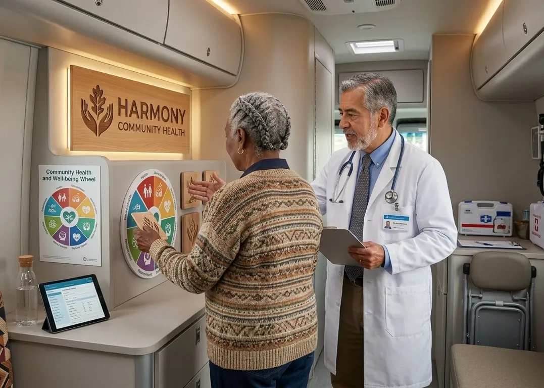 Elderly woman interacting with a community health wheel on a wall while a doctor in a white coat and stethoscope holds a clipboard beside her in a medical clinic room.