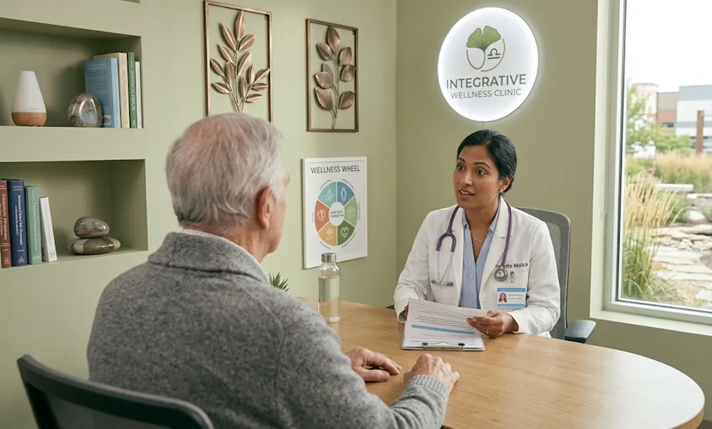 Doctor in white coat discussing with elderly male patient in a wellness clinic office.