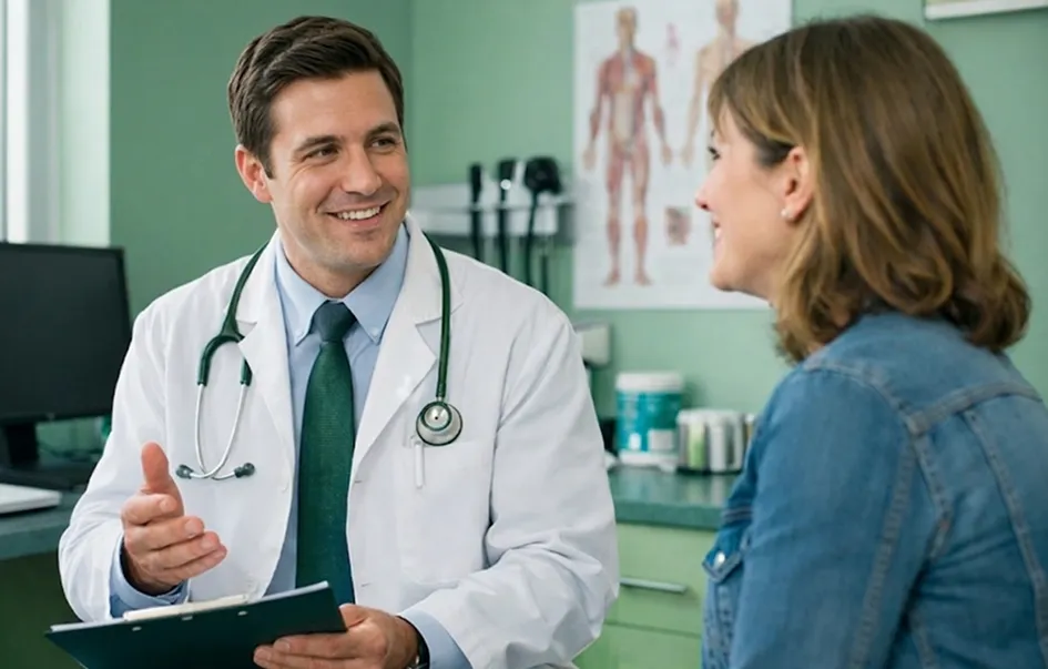 Male doctor in white coat with stethoscope talking and smiling with female patient in medical office.