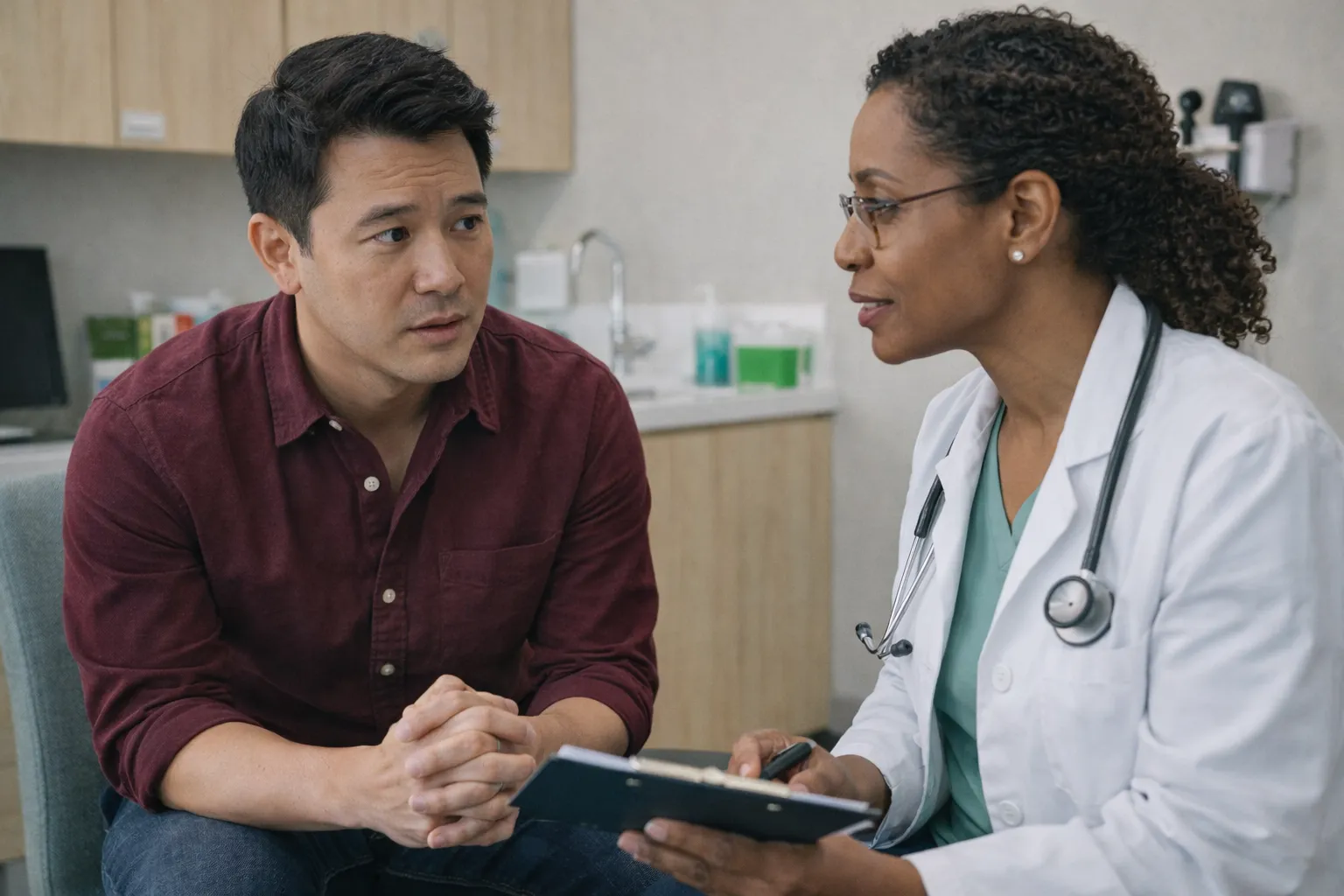 Doctor in white coat with stethoscope talking to a concerned male patient in a medical office.