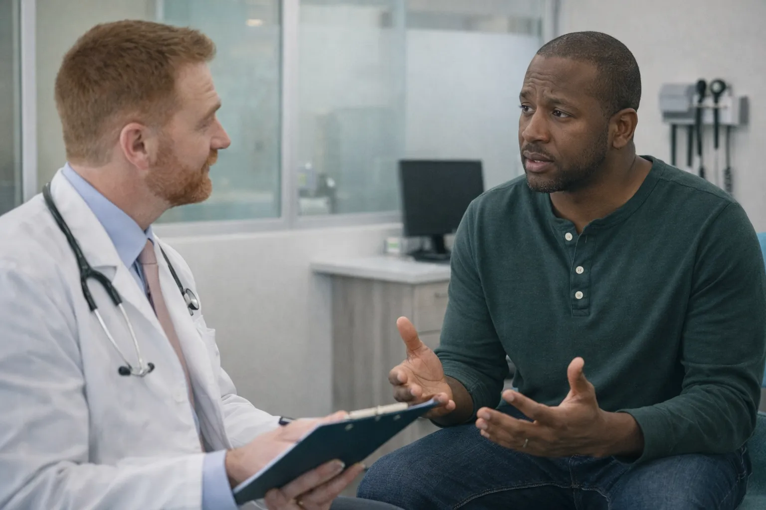 Male doctor in a white coat talking with a concerned male patient in a medical office.