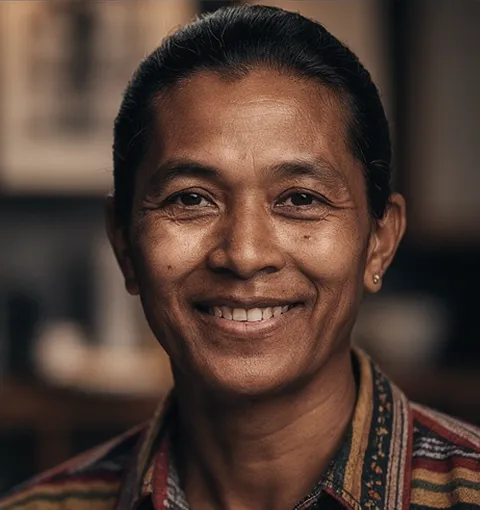 Smiling middle-aged person with dark hair slicked back, wearing a patterned shirt with warm toned lighting.