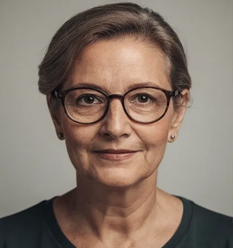 Portrait of an older woman with short gray hair, wearing round glasses and a dark top, looking directly at the camera.