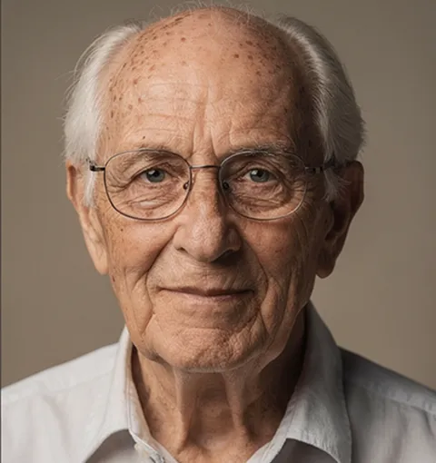 Portrait of an elderly man with white hair, glasses, and a light shirt against a neutral background.